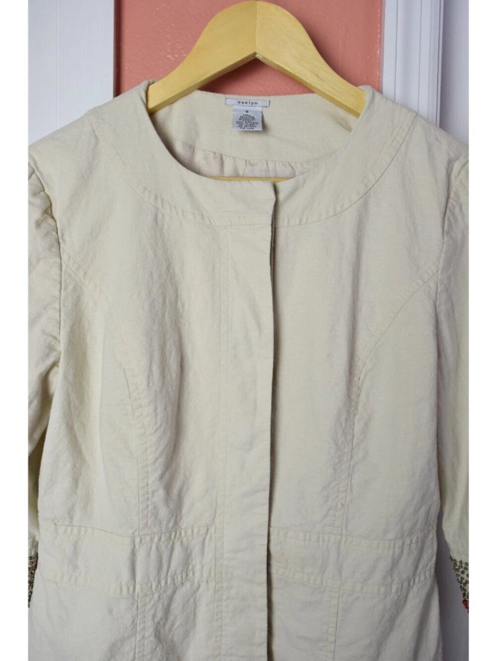 ANTHROPOLOGIE EVELYN BEIGE LINEN BEAD EMBROIDERED SLEEVE JACKET - Picture 2 of 9